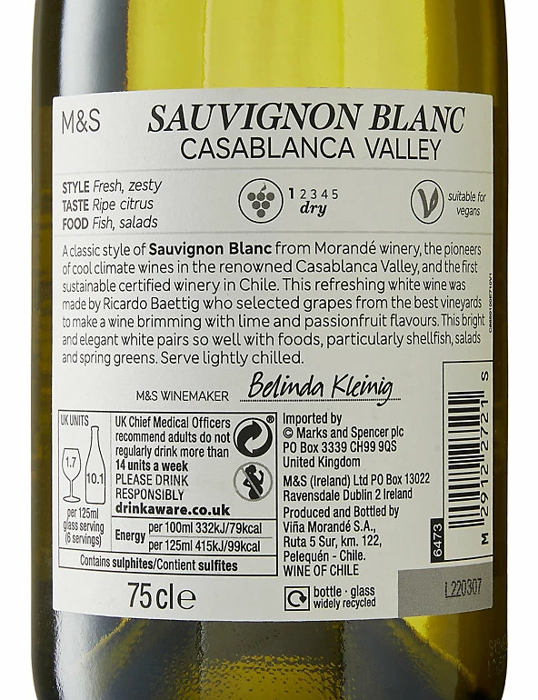 Buy π M&S Classics White Wine Chilean Sauvignon Blanc - Case Of 6 π 5 Buy π M&S Classics White Wine Chilean Sauvignon Blanc - Case Of 6 π - Image 3